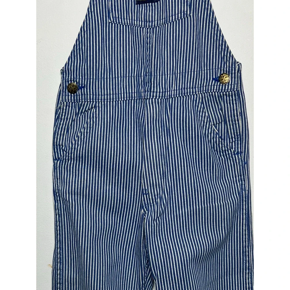 Oshkosh B'Gosh Overalls Boys Size 7 Blue Denim Railroad Striped Made USA Vintage